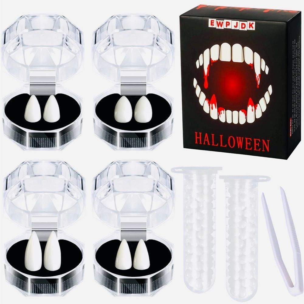4 Pairs Vampire Fangs Fake Teeth with Adhesive 4 Sizes